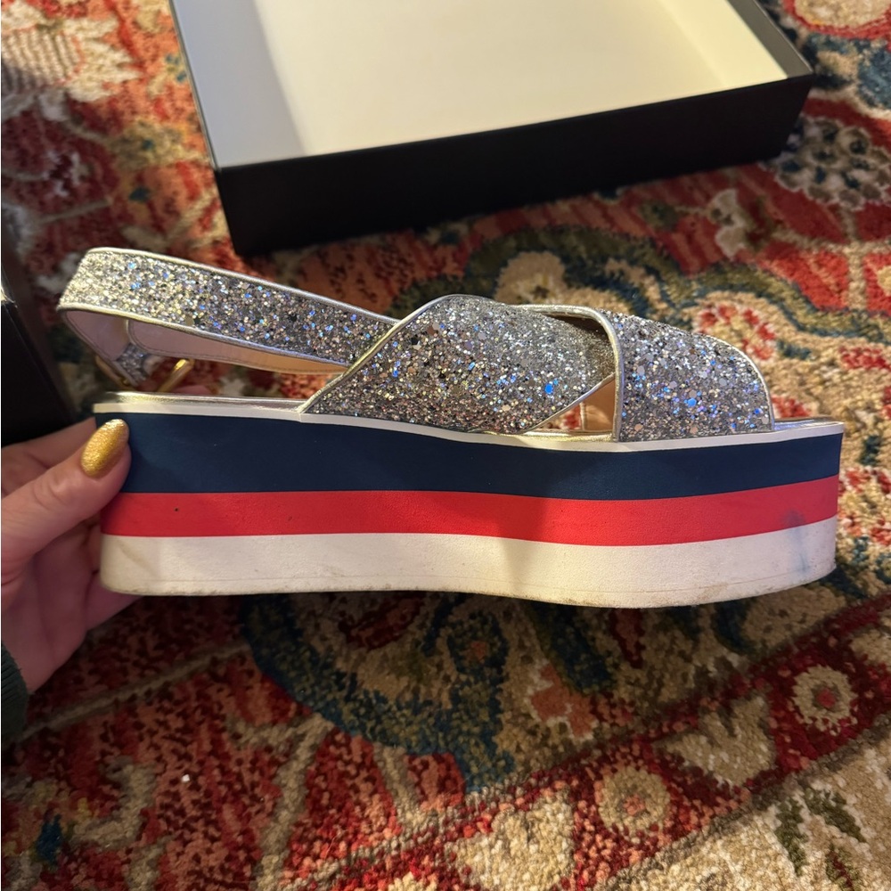 Gucci Silver Glitter Platform Sandals with Red and Blue Stripes - Picture 3 of 8